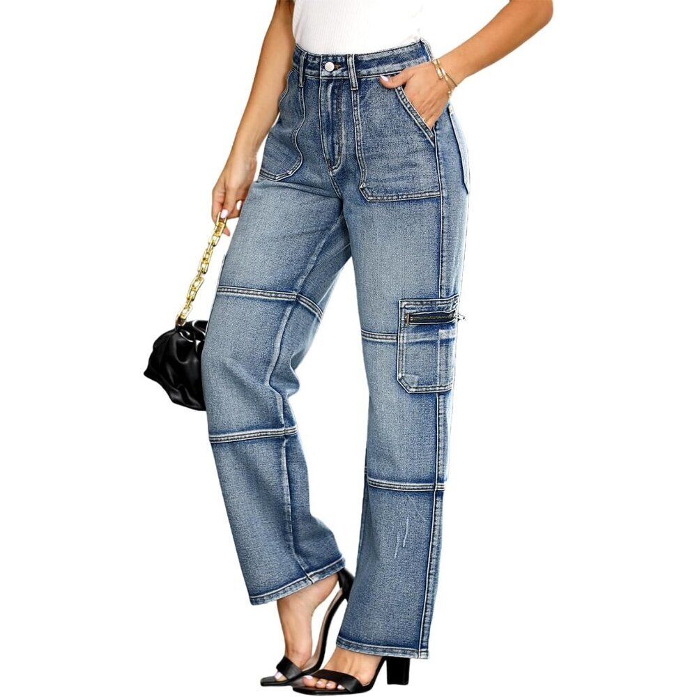 Premium Women's Cargo Denim Pants - High Waisted, Wide Leg, and Machine Washable